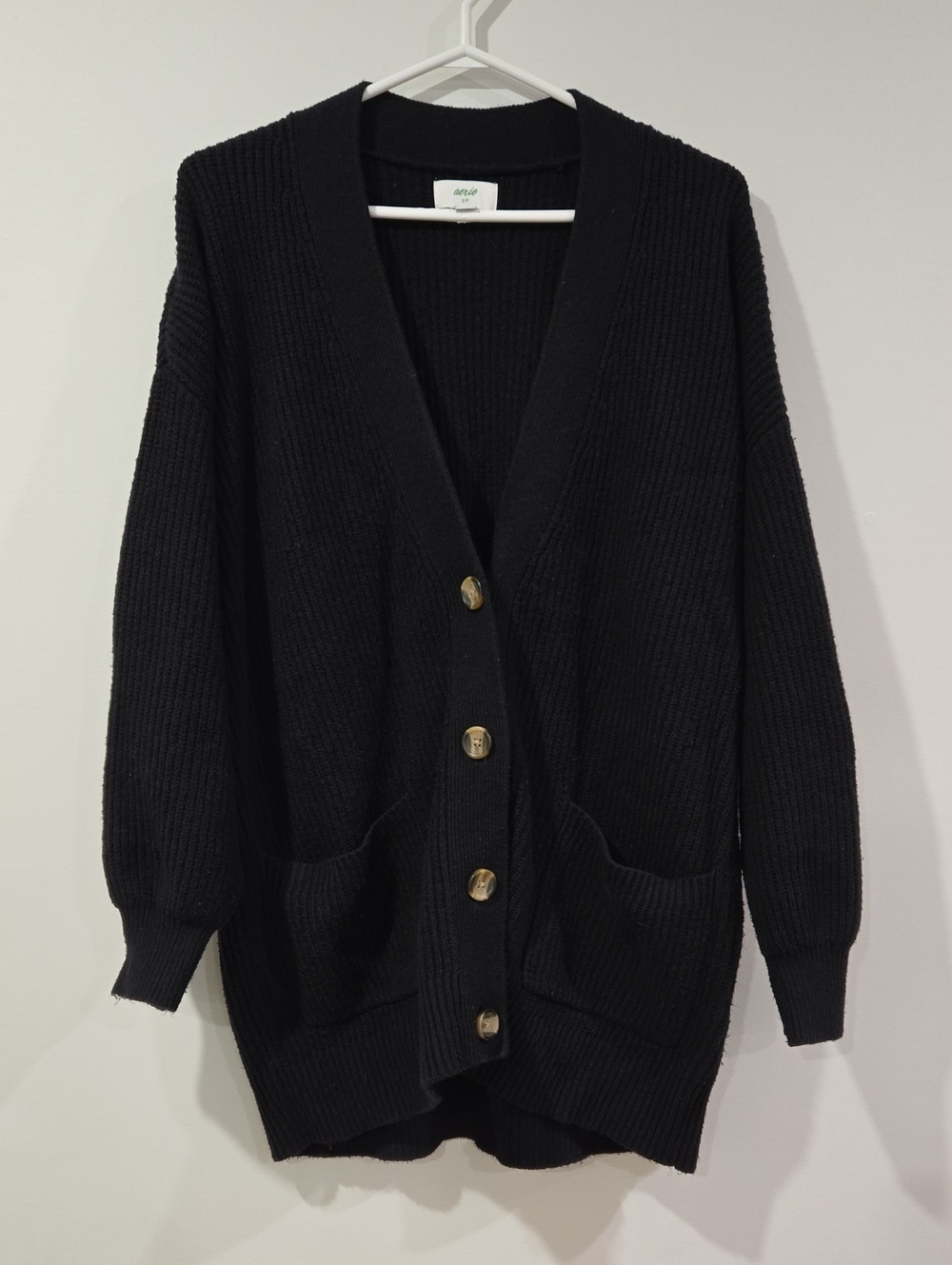 Aerie Super Soft Black Oversized V-Neck Button Cardigan Sweater